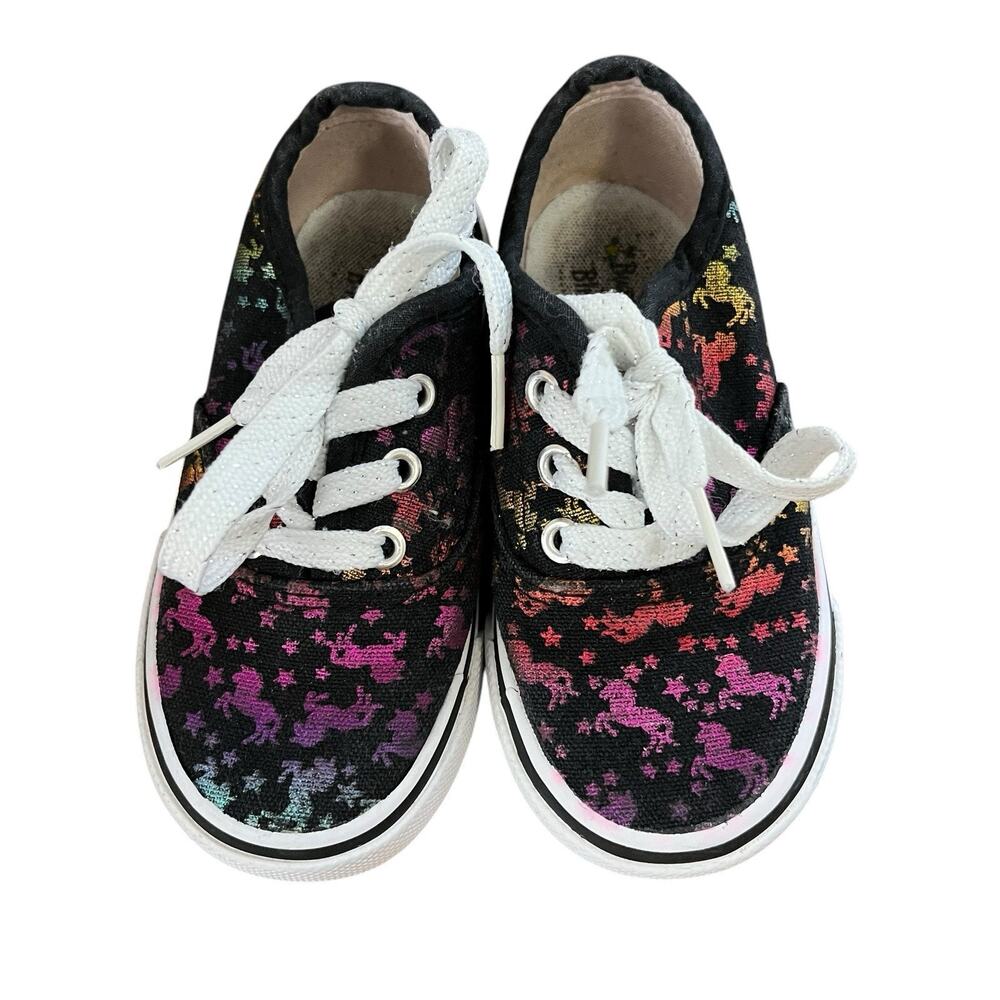 Bumble & Birdie | Black Unicorn Rainbow Girls Shoes Laced Size 8